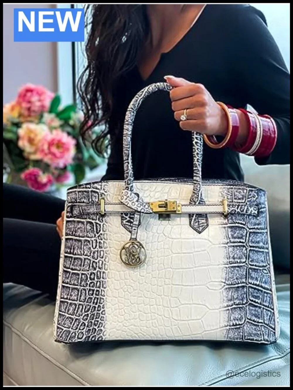 Croc-Embossed Leather Concealed Carry Satchel Handbag with Detachable Strap